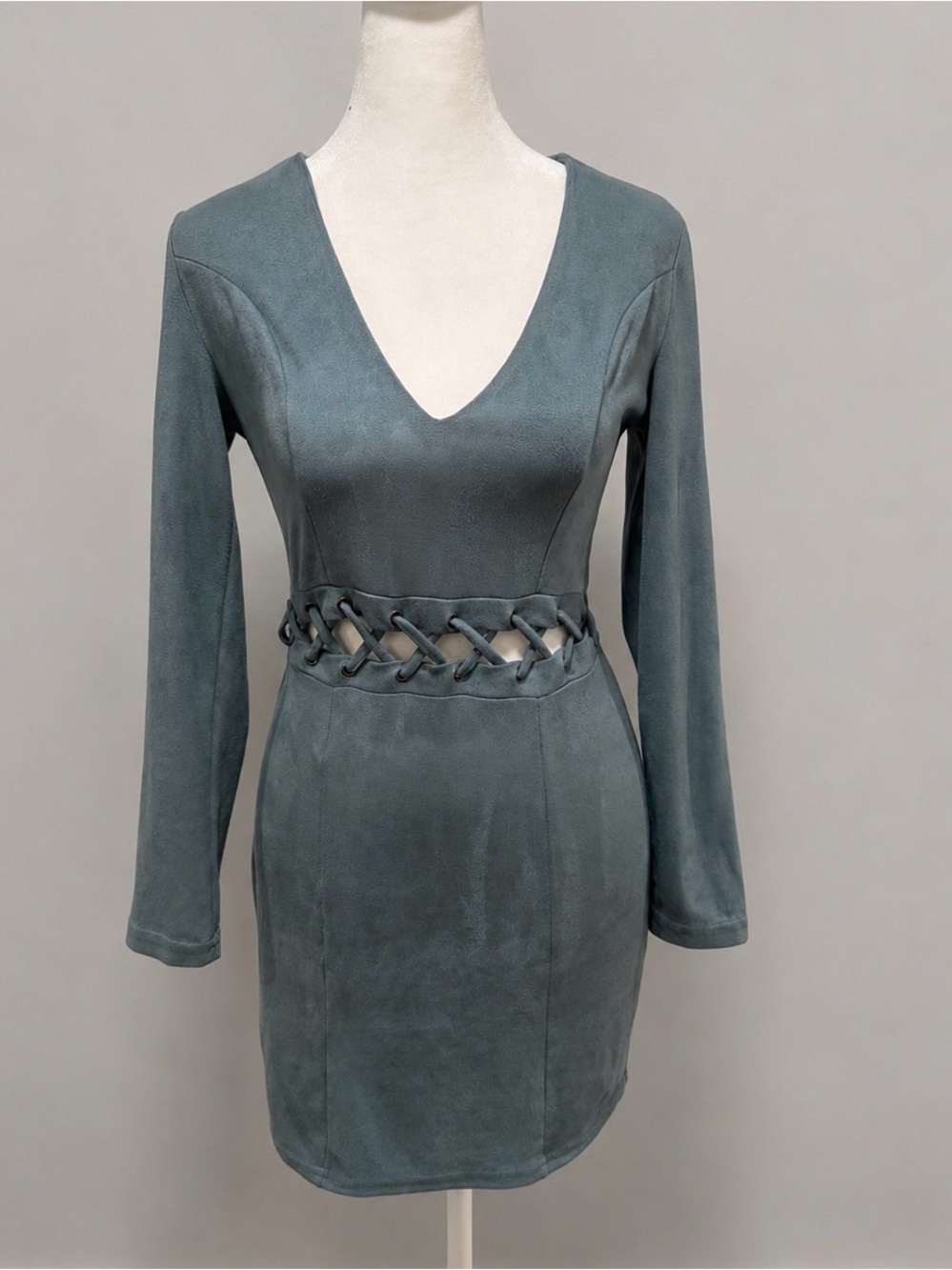Charlotte Russe XS Blue Faux Suede Lace Up Waist Mini Dress Long Sleeve Bodycon